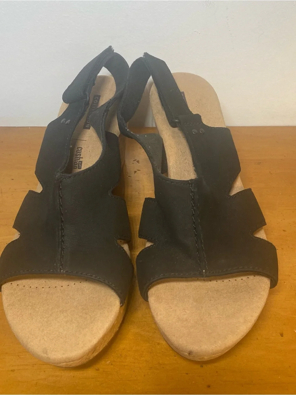 Clarks Women's 9 Annadel Bari Black Leather Slingback Open Toe Wedge Sandals